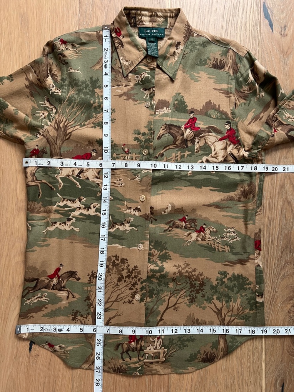 Vintage Lauren Ralph Lauren Equestrian Fox Hunt Button-Up Shirt Olive/Tan Small - Picture 4 of 11